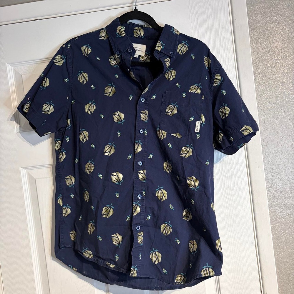 Ben Sherman Mens Short Sleeve Button Down Shirt Navy Yellow Floral Print Size M